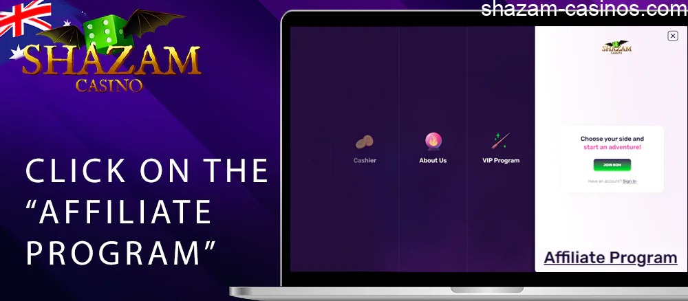 Click on the site Shazam casino button “Affiliate Program”