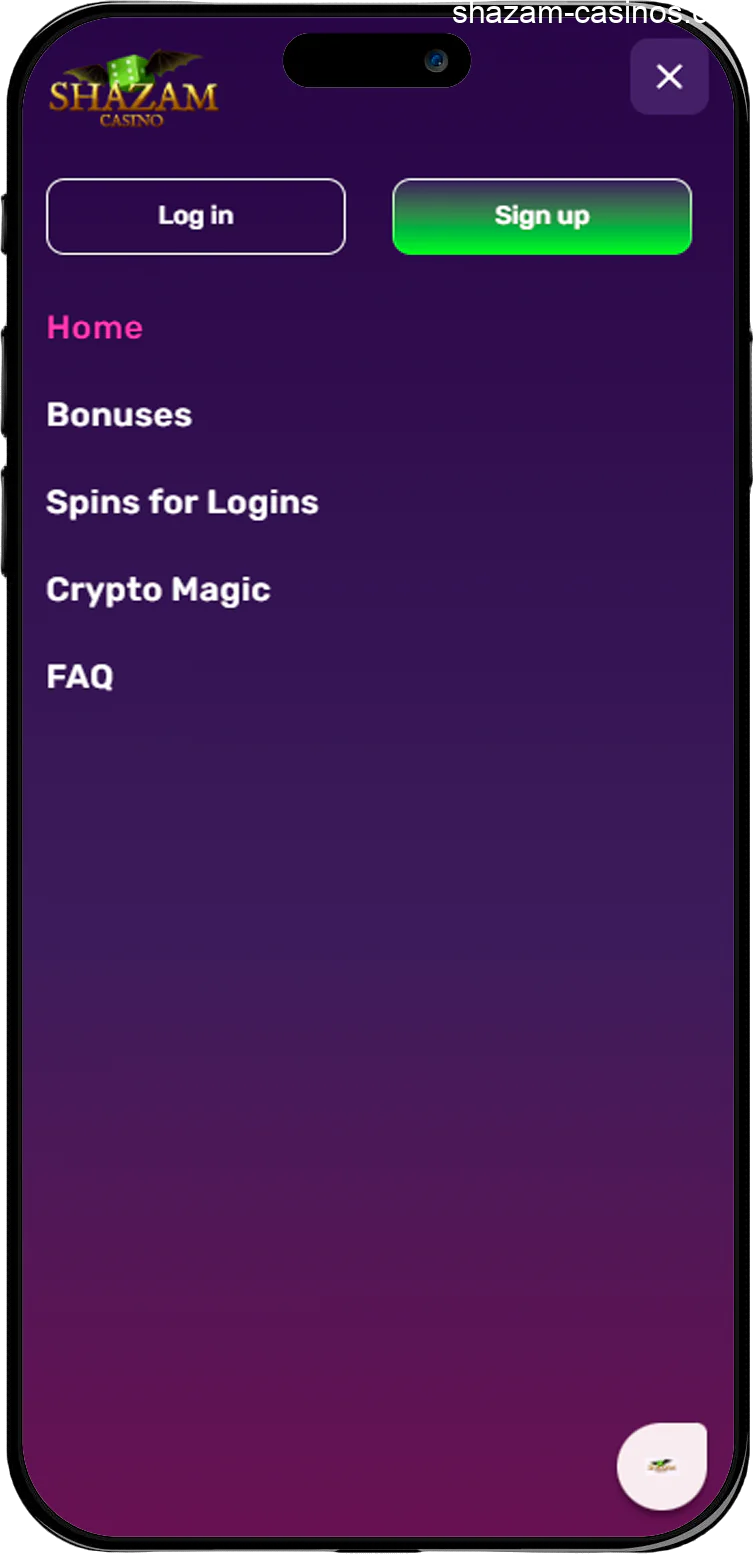 Screen Shazam Casino mobile app menu