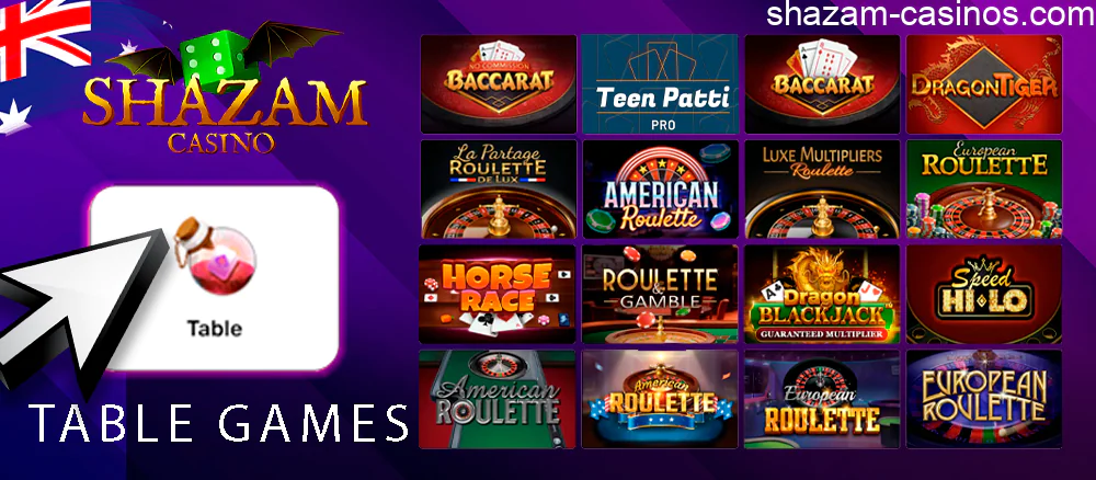 About 60 table games are offered in Shazam casino