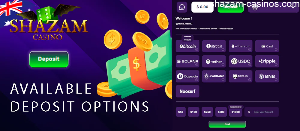 Shazam casino players can choose from a long list of available payment options