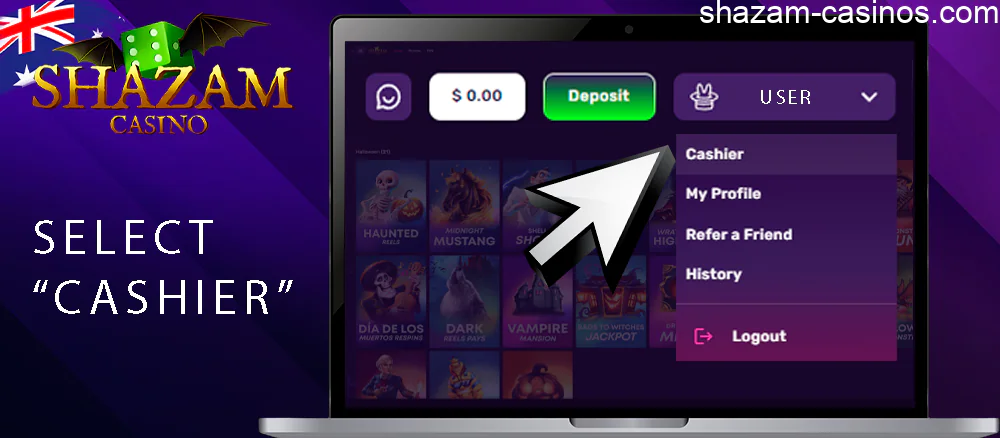 Select “Cashier” in the Shazam casino profile