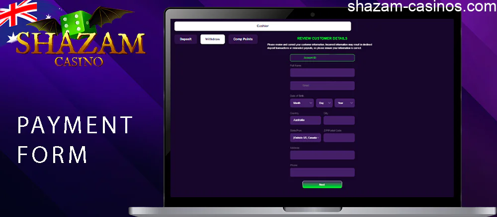 Shazam casino access the payment form
